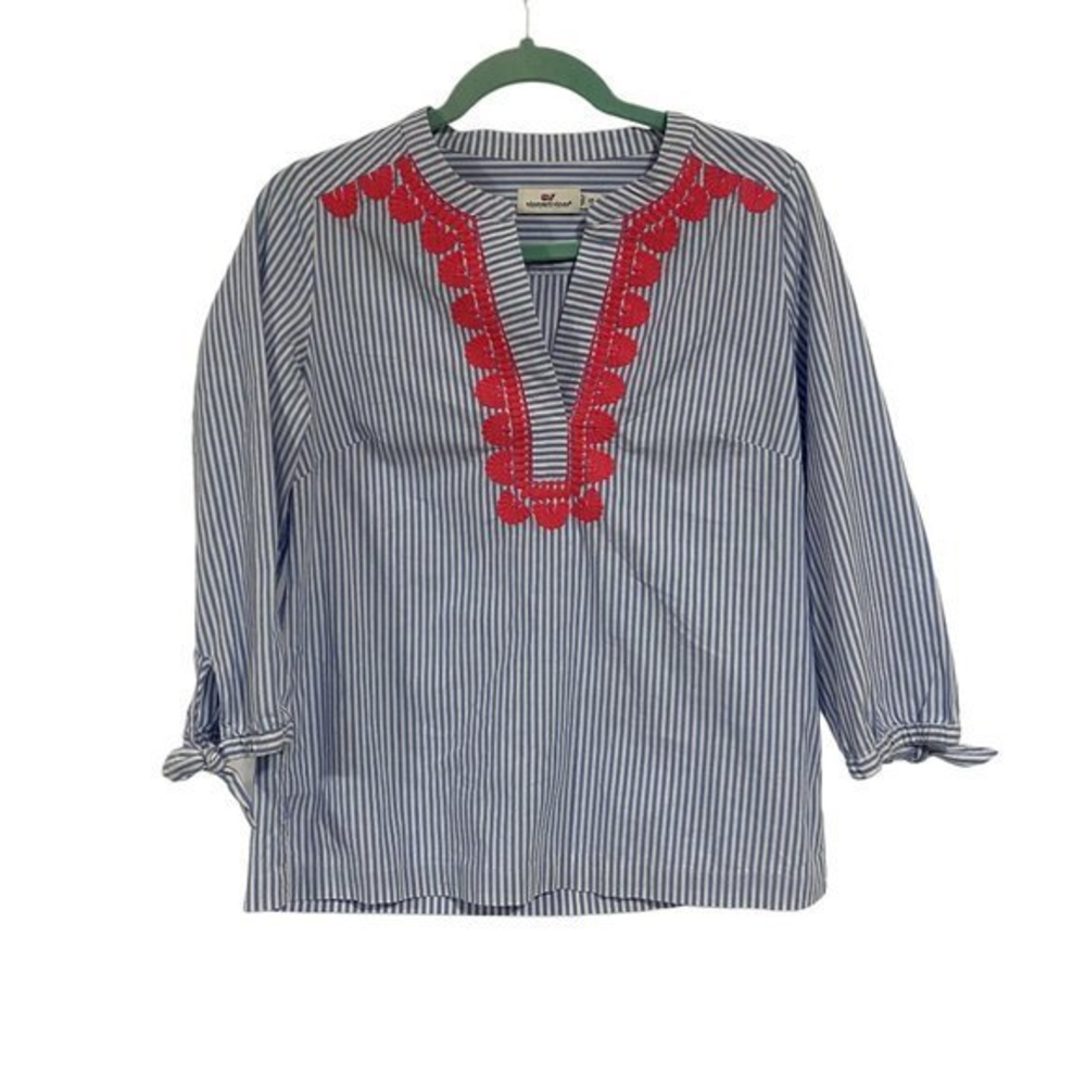 Vineyard Vines Striped Pop Embroidered Savannah Popover Top in Cornflower XS‎
